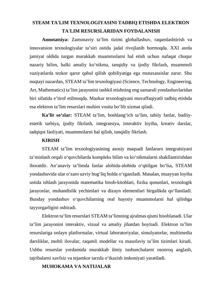 STEAM TA'LIM TEXNOLOGIYASINI TADBIQ ETISHDA ELEKTRON TA'LIM RESURSLARIDAN FOYDALANISH 1