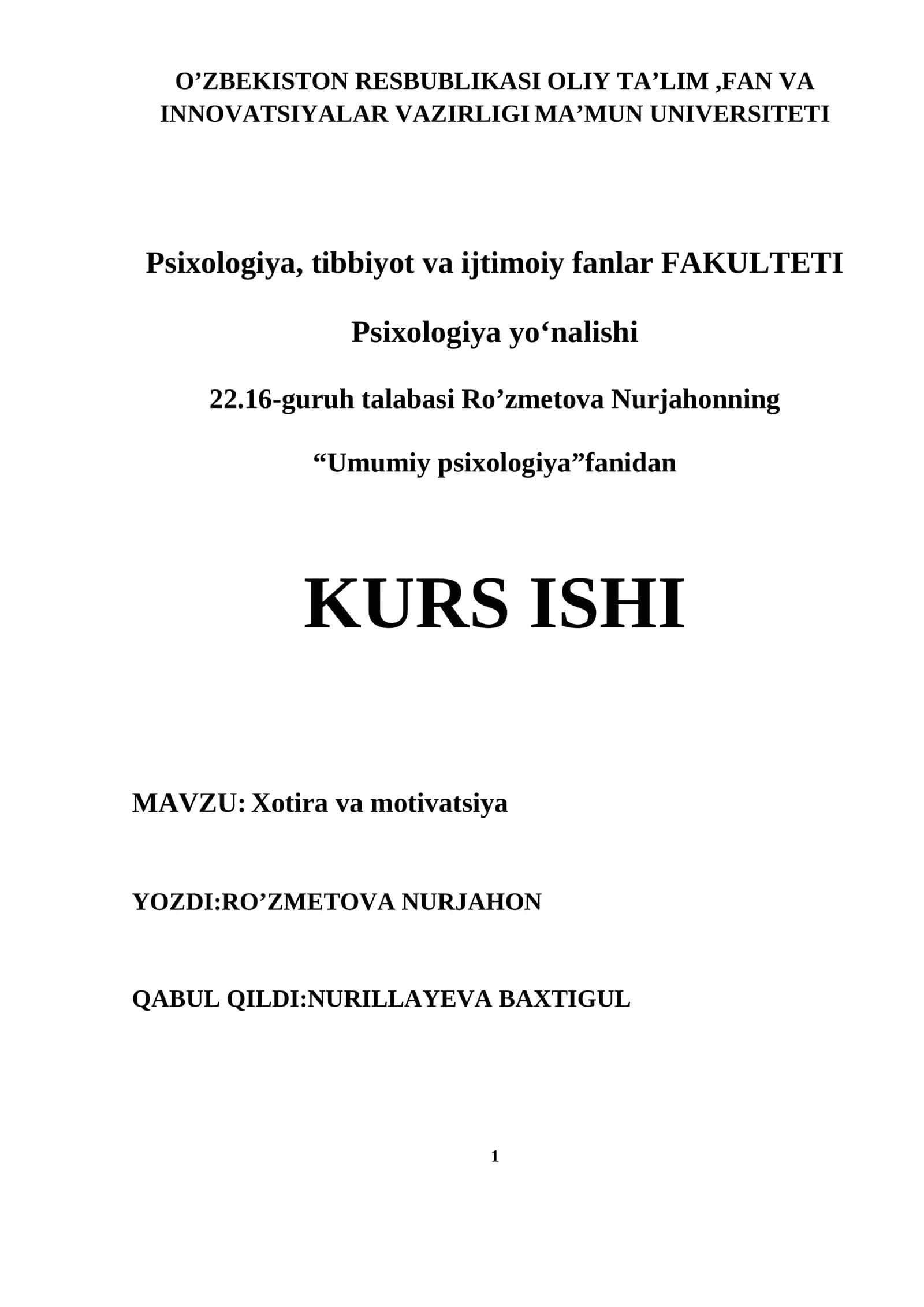 KURS ISHI: Xotira va motivatsiya 1