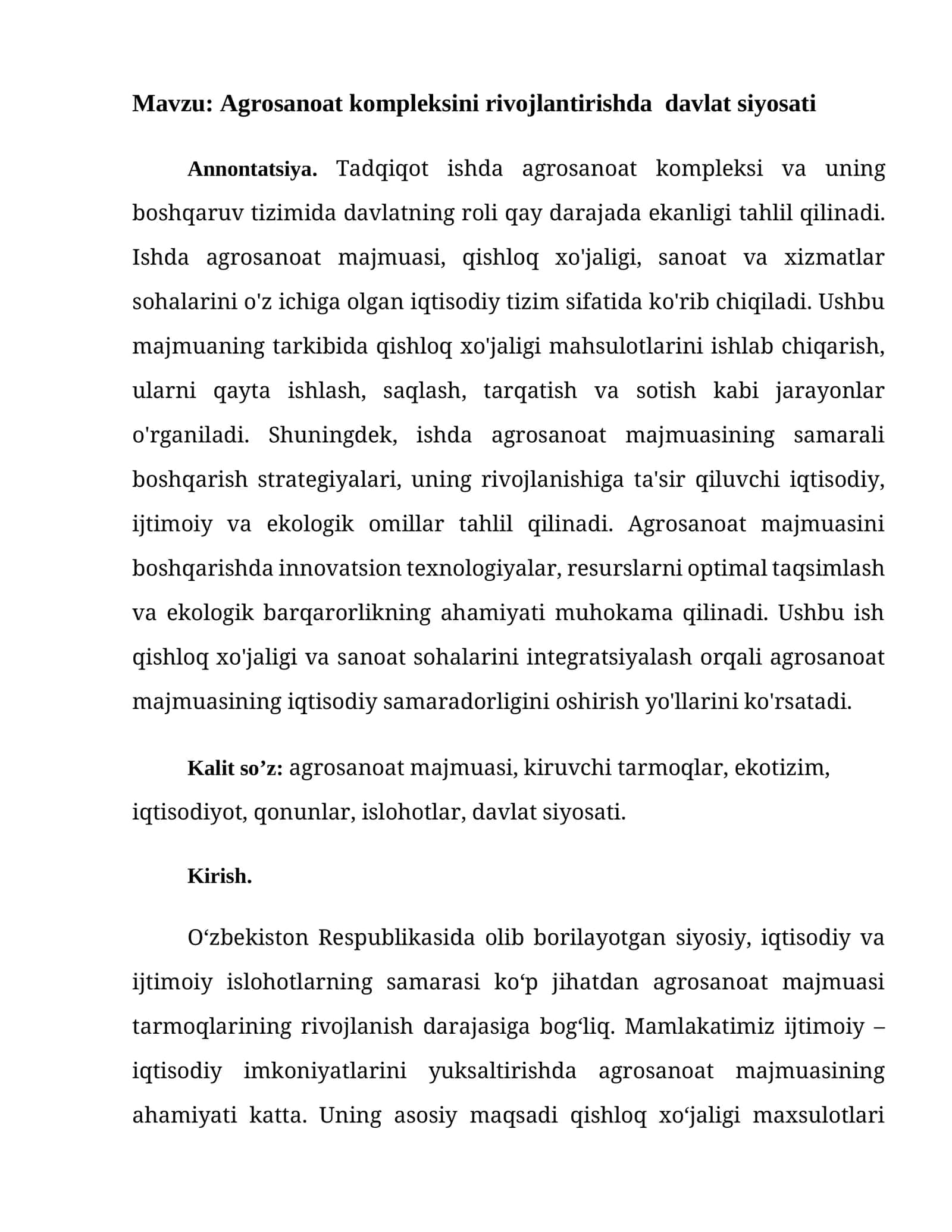 Agrosanoat kompleksini rivojlantirishda davlat siyosati 1