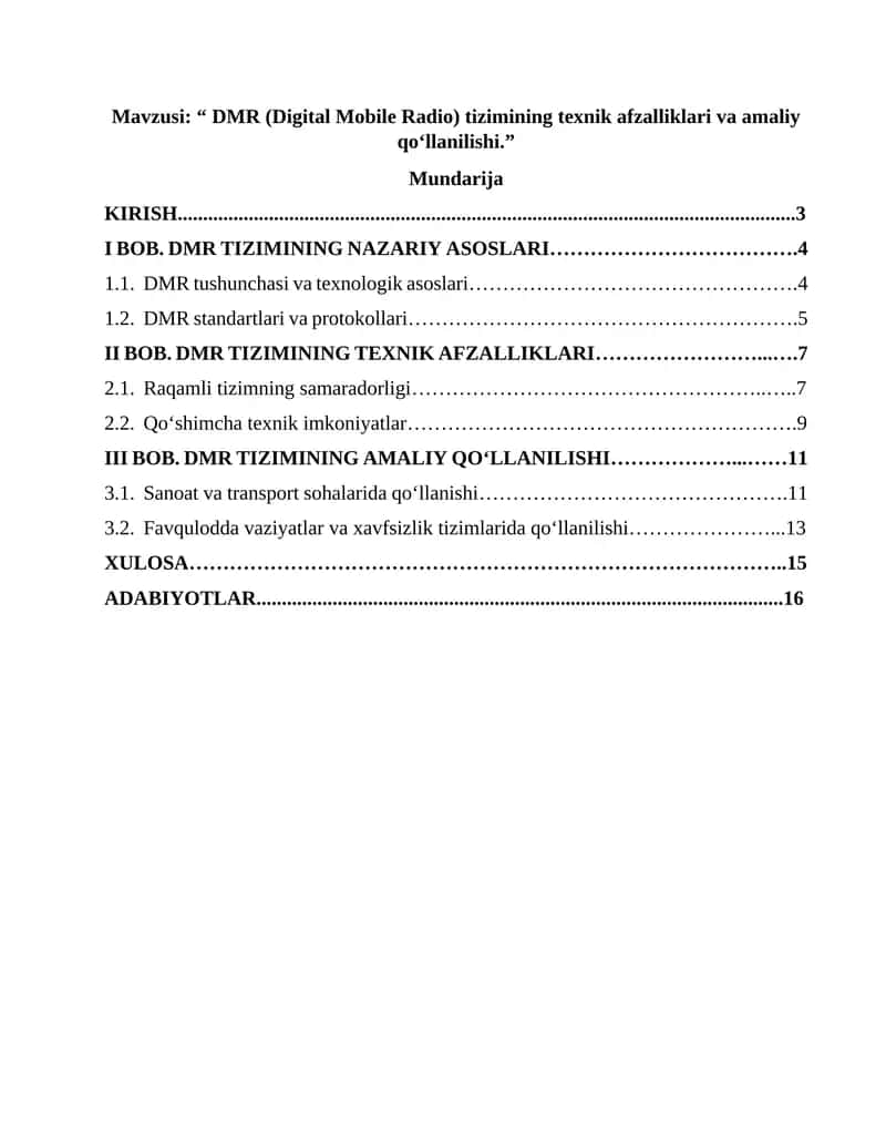 DMR (Digital Mobile Radio) tizimining texnik afzalliklari va amaliy qo‘llanilishi. 1
