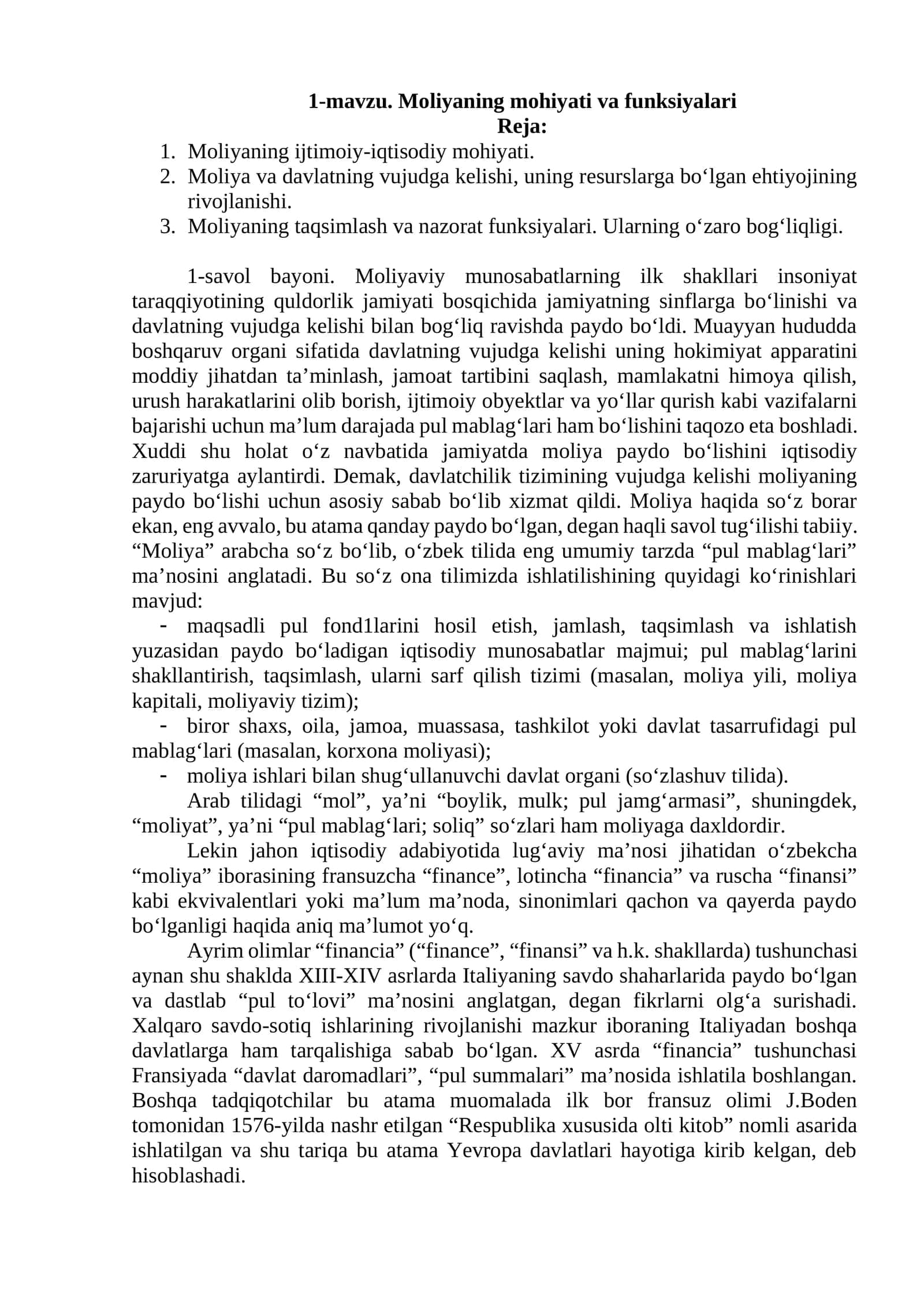 Moliyaning mohiyati va funksiyalari 1