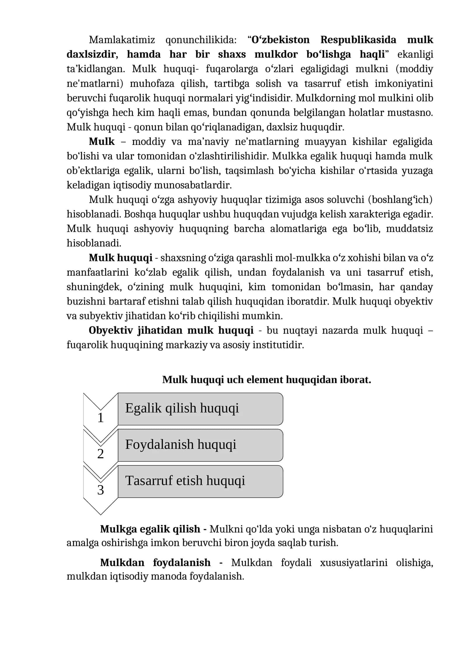 Mulk huquq shaklar, elementlari, mulk huquqi vujudga kelish va bekor bo'lish asoslari 1