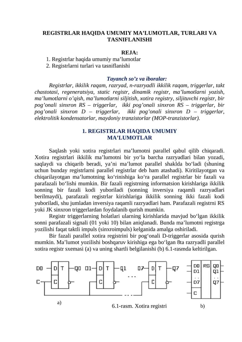 REGISTRLAR HAQIDA UMUMIY MA’LUMOTLAR, TURLARI VA TASNIFLANISHI 1