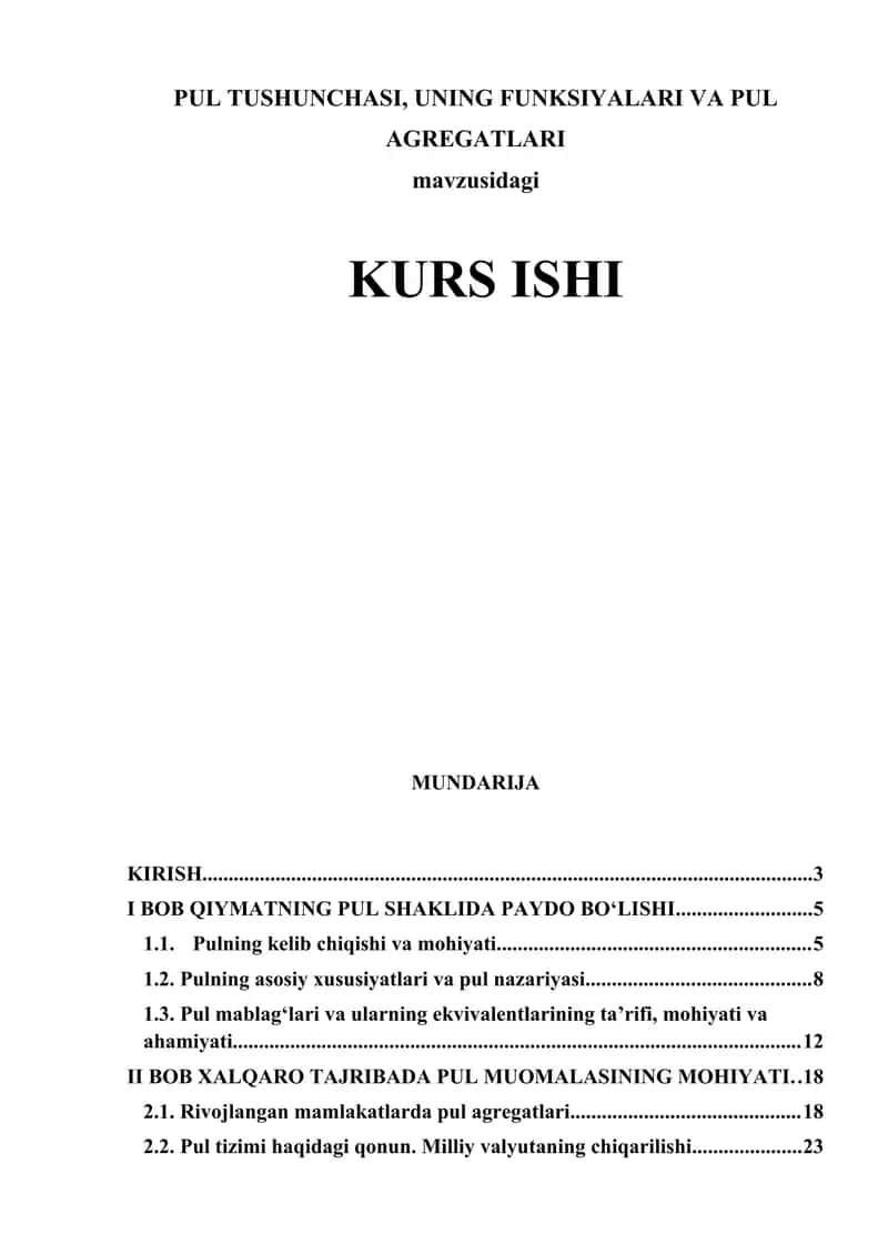 Pul tushunchasi va funksiyalari 1