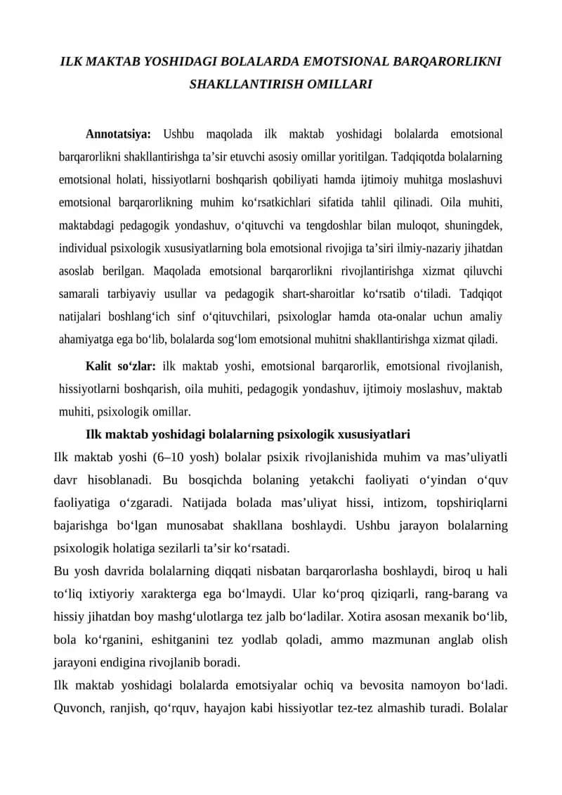 ILK MAKTAB YOSHIDAGI BOLALARDA EMOTSIONAL BARQARORLIKNI SHAKLLANTIRISH OMILLARI 1