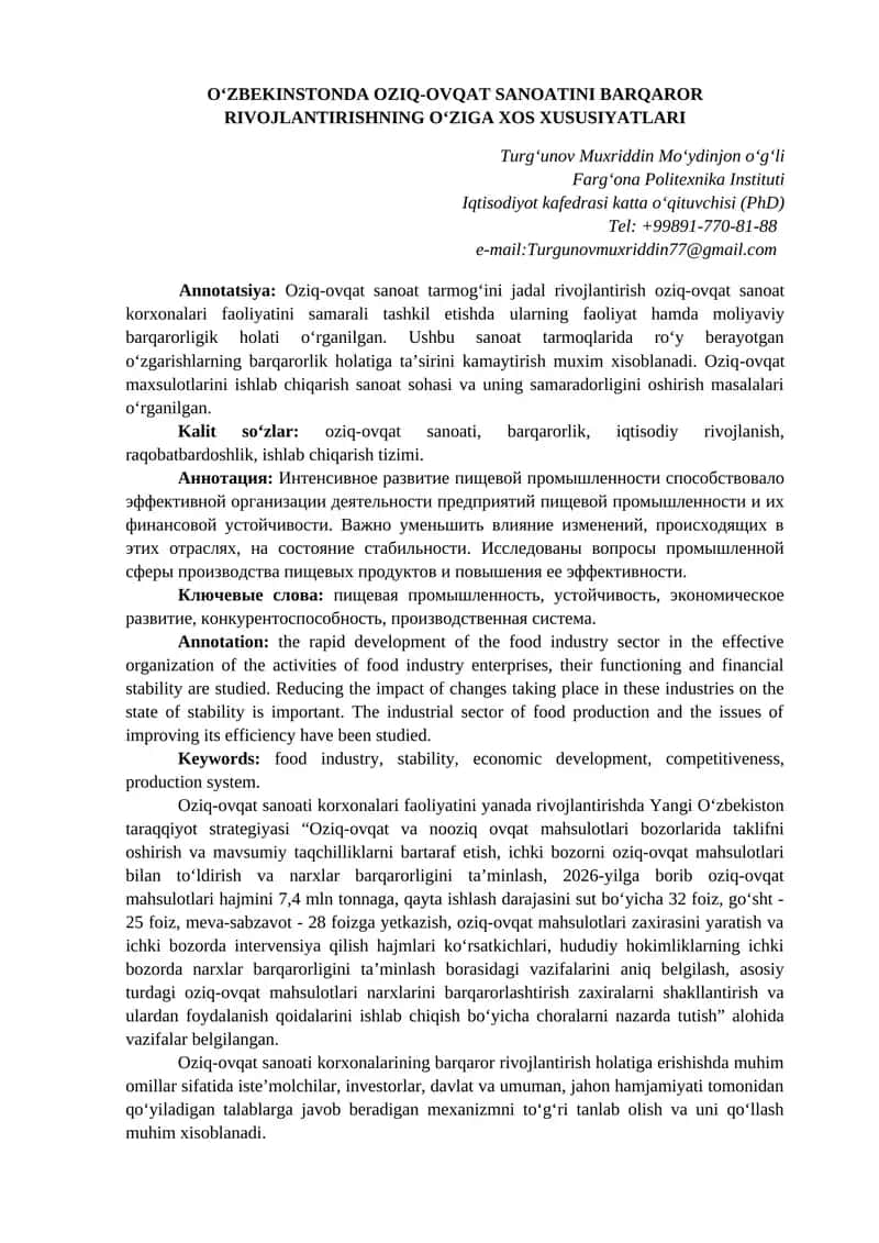 O‘ZBEKINSTONDA OZIQ-OVQAT SANOATINI BARQAROR RIVOJLANTIRISHNING O‘ZIGA XOS XUSUSIYATLARI 1