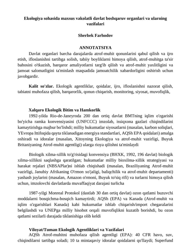 Ekologiya sohasida maxsus vakolatli davlat boshqaruv organlari va ularning vazifalari 1