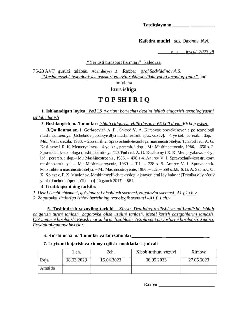 "Mashinasozlik texnologiyasi asoslari va avtotraktorsozlikda yangi texnologiyalar" kurs ishiga 1