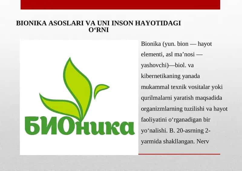 BIONIKA ASOSLARI VA UNI INSON HAYOTIDAGI OʻRNI 1