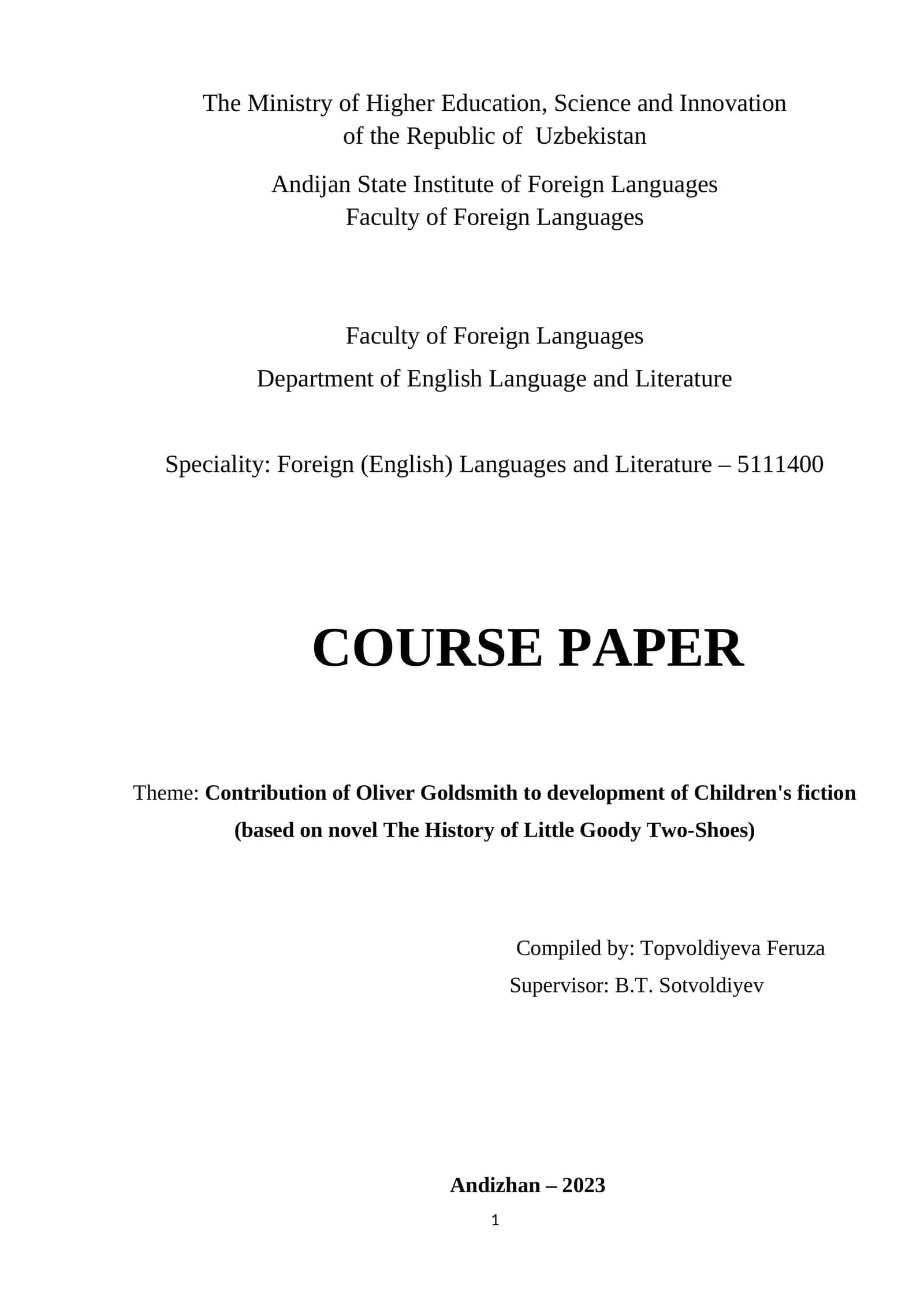 Contribution of Oliver Goldsmith to development of Children's fiction 1