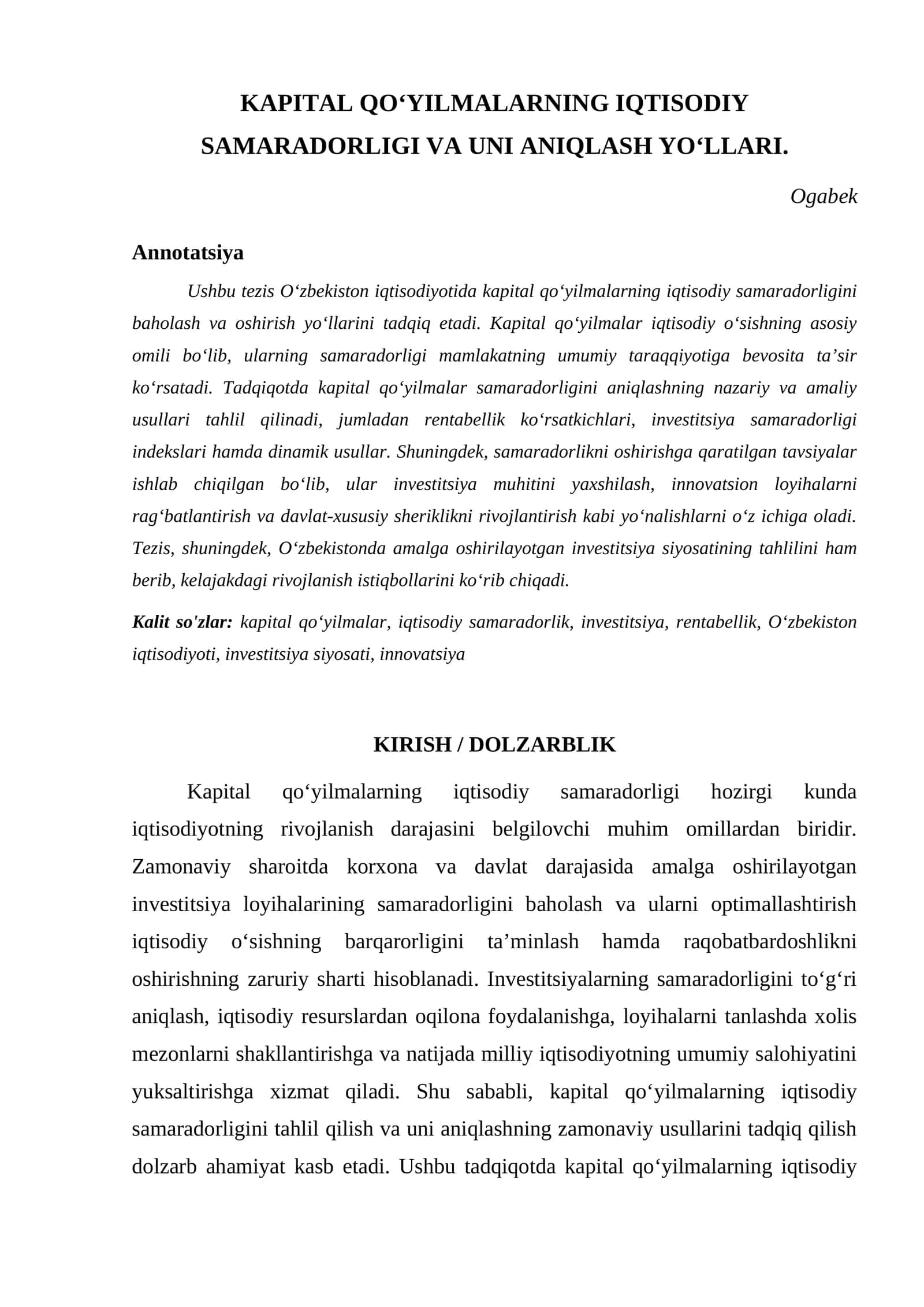 KAPITAL QOʻYILMALARNING IQTISODIY SAMARADORLIGI VA UNI ANIQLASH YOʻLLARI 1