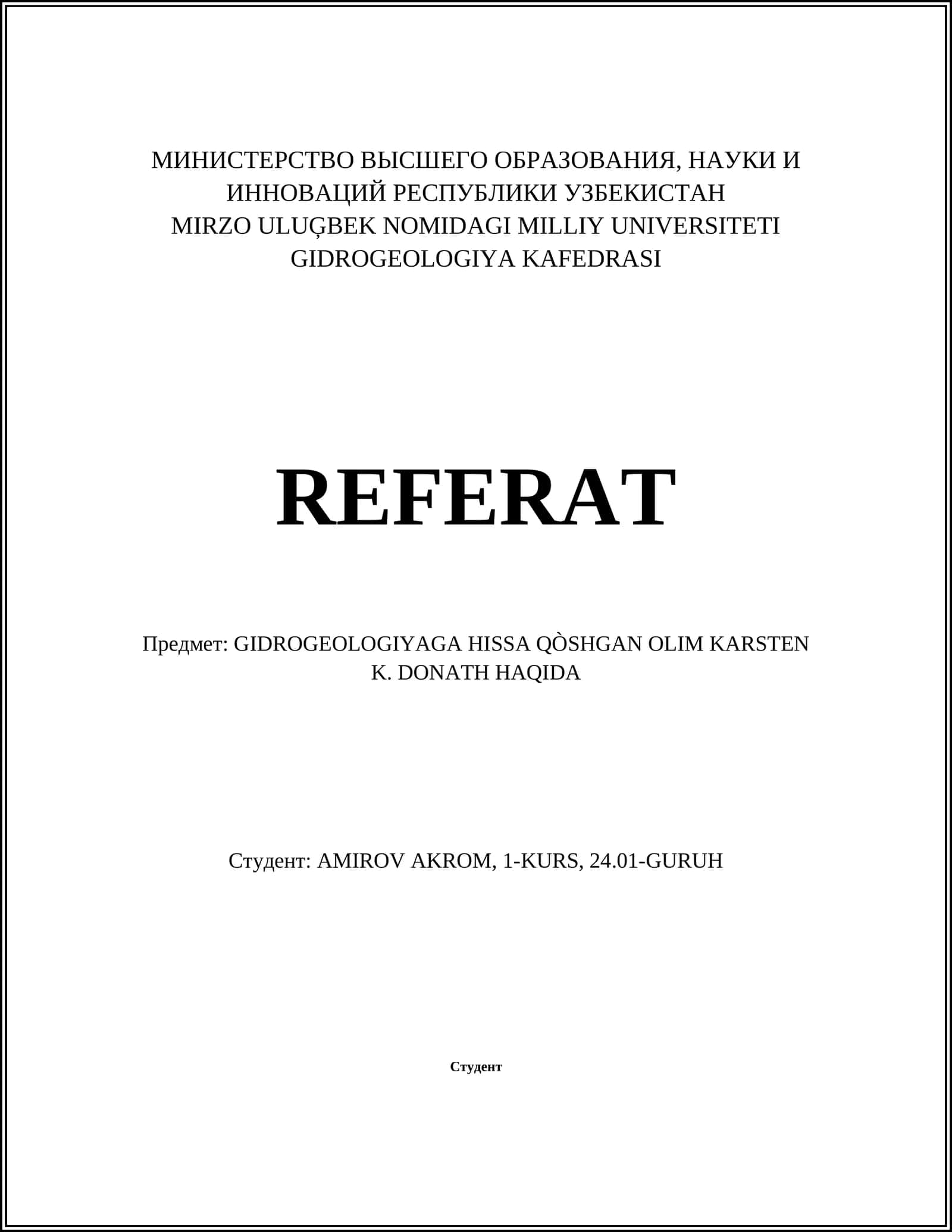 GIDROGEOLOGIYAGA HISSA QÒSHGAN OLIM KARSTEN K. DONATH HAQIDA 1