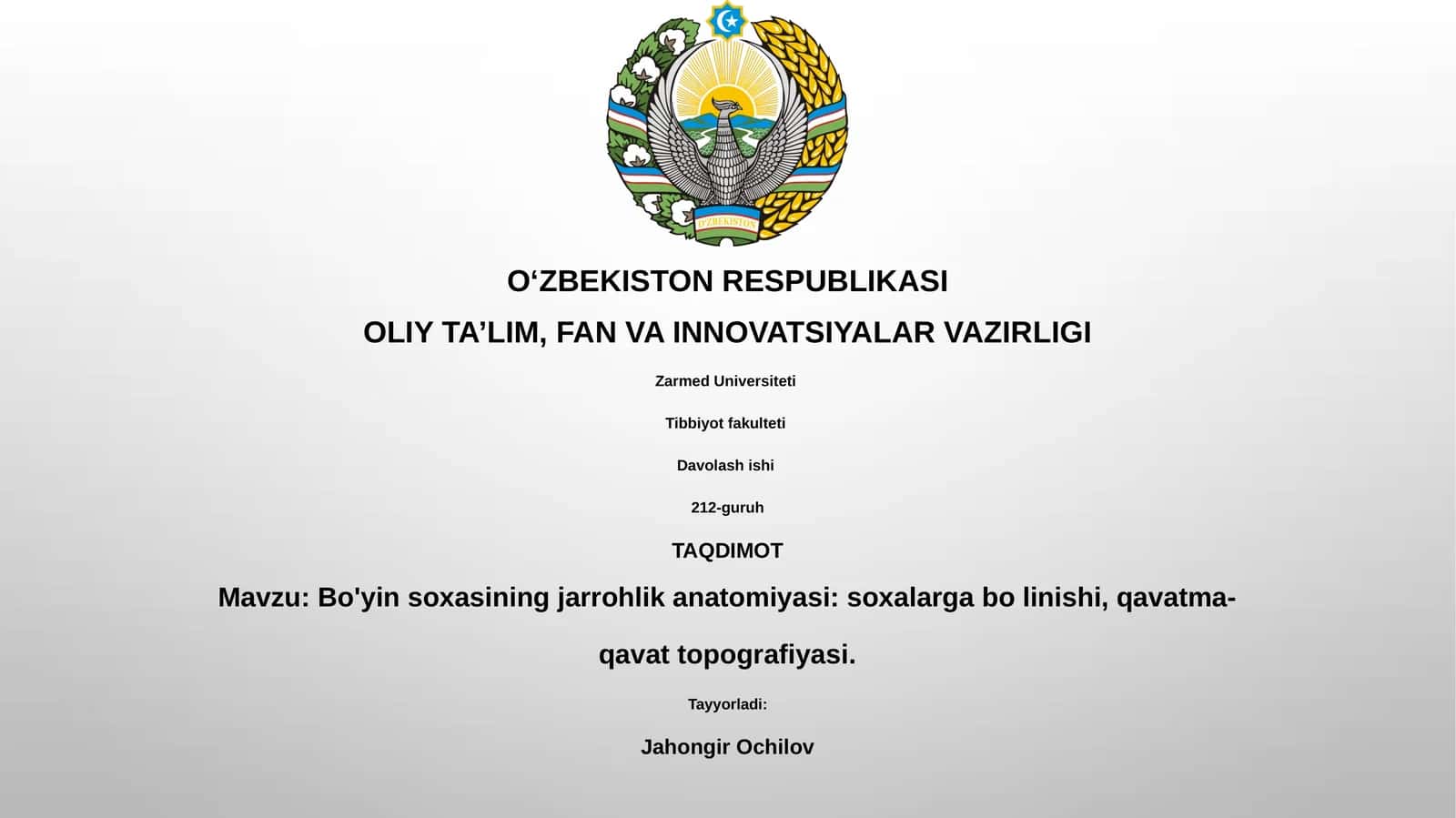 Bo'yin soxasining jarrohlik anatomiyasi: soxalarga bo linishi, qavatma-qavat topografiyasi 1