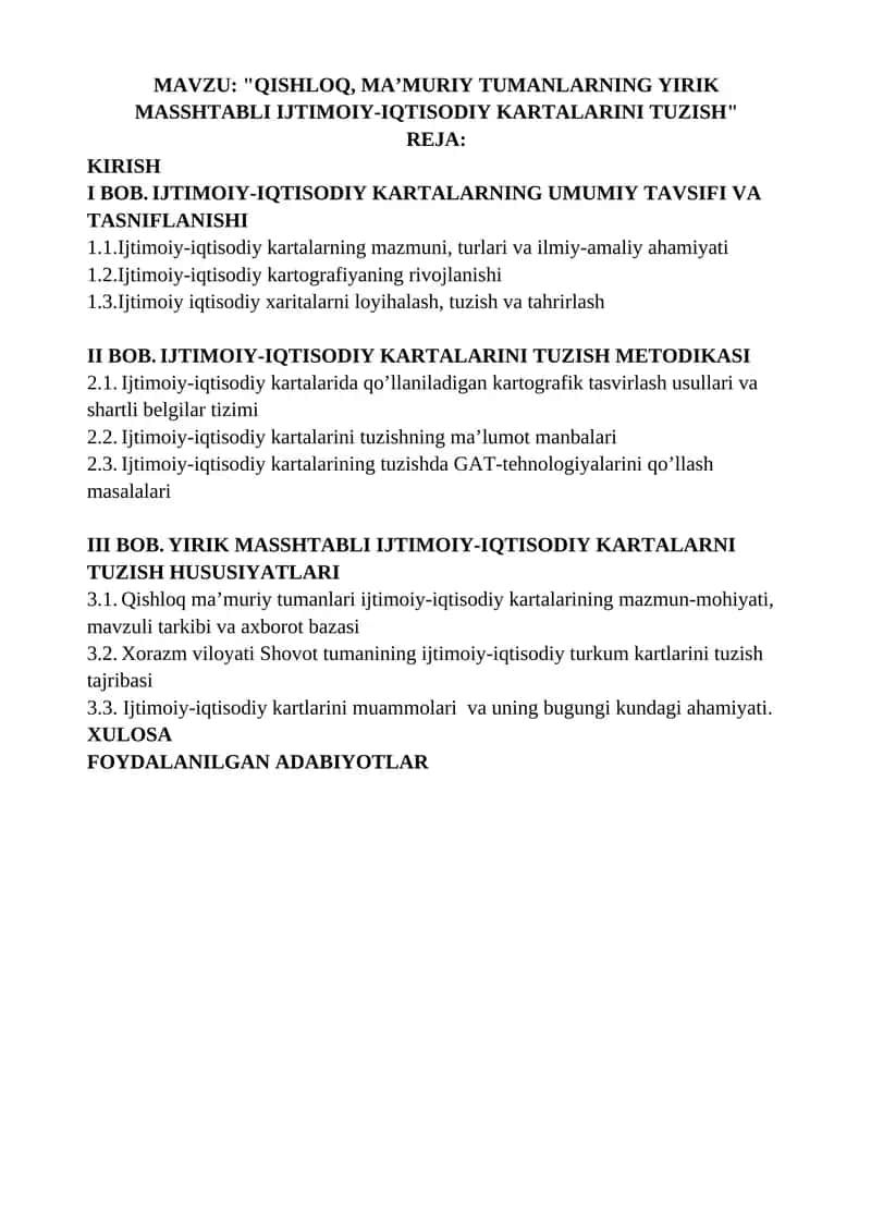 "QISHLOQ, MA’MURIY TUMANLARNING YIRIK MASSHTABLI IJTIMOIY-IQTISODIY KARTALARINI TUZISH" 1