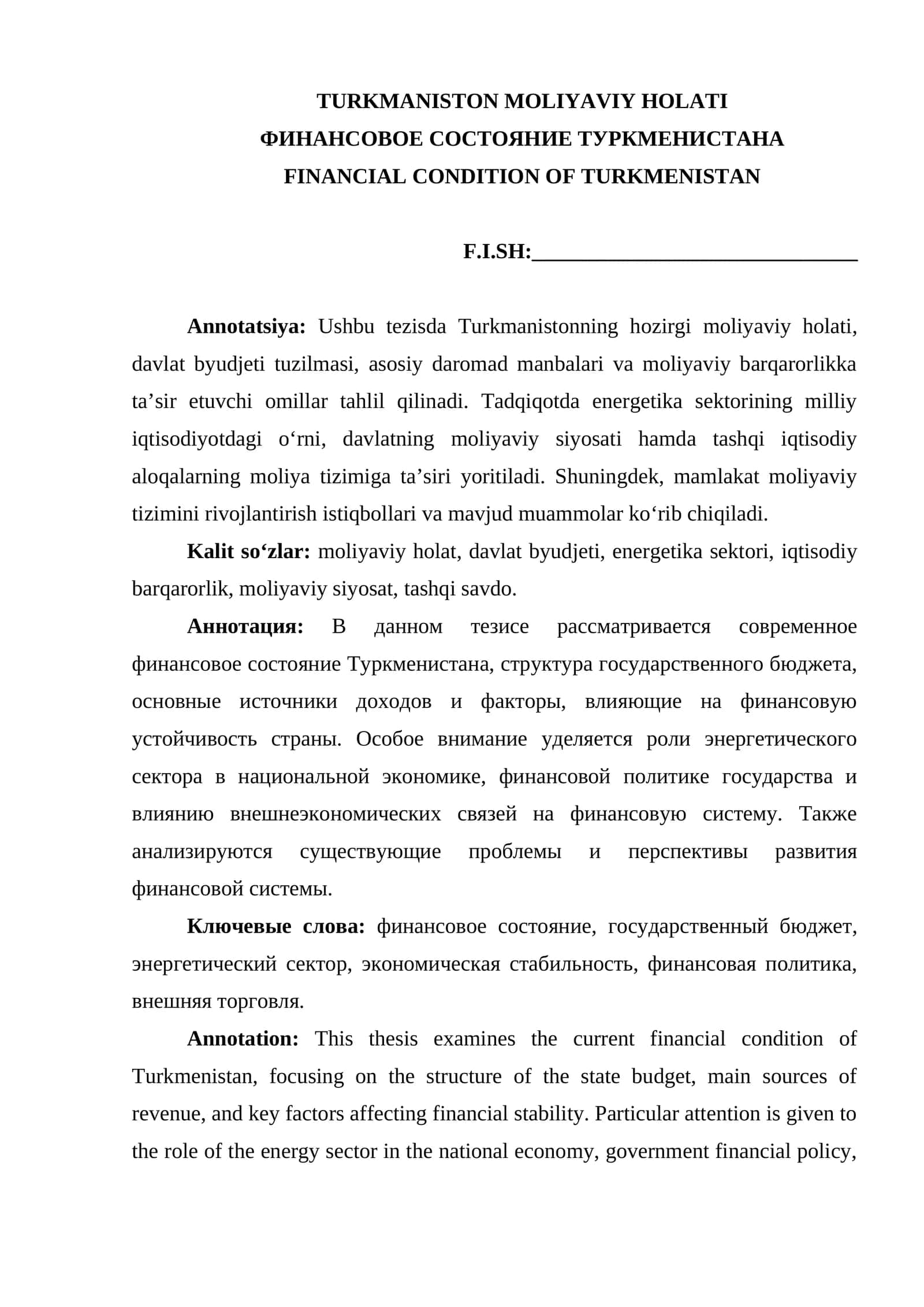 TURKMANISTON MOLIYAVIY HOLATI 1