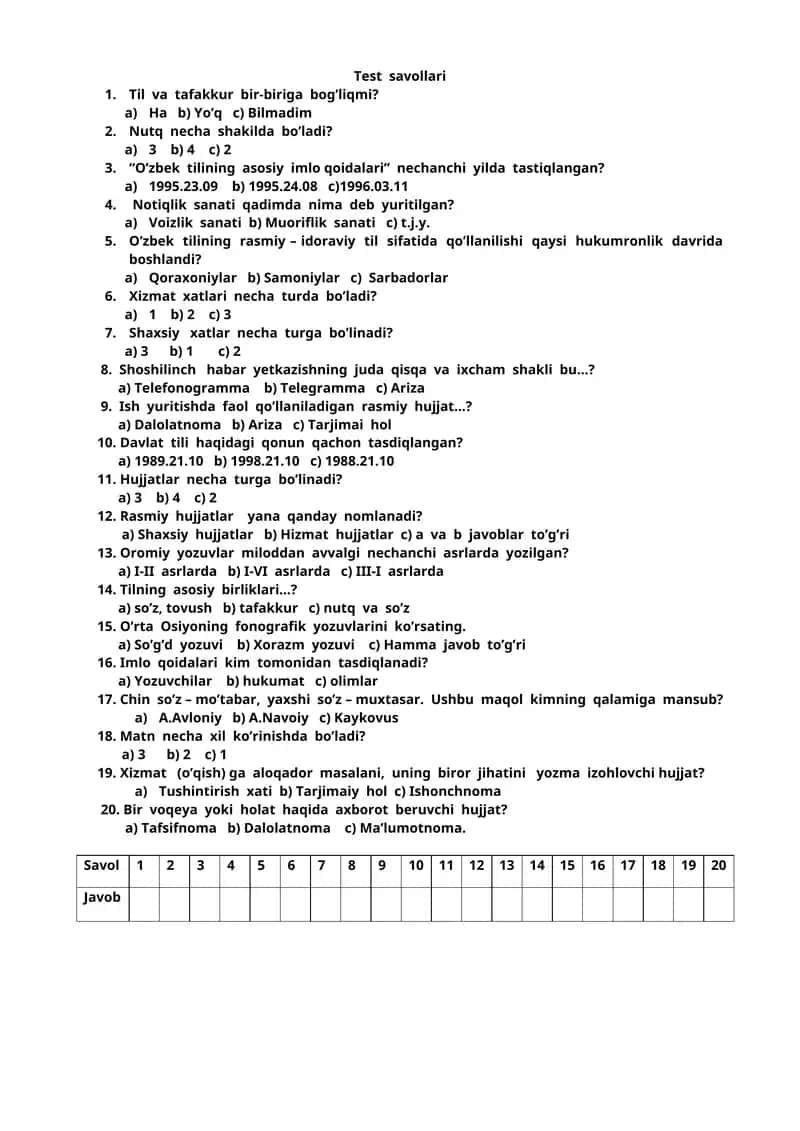 Davlat tilida ish yuritish test 1