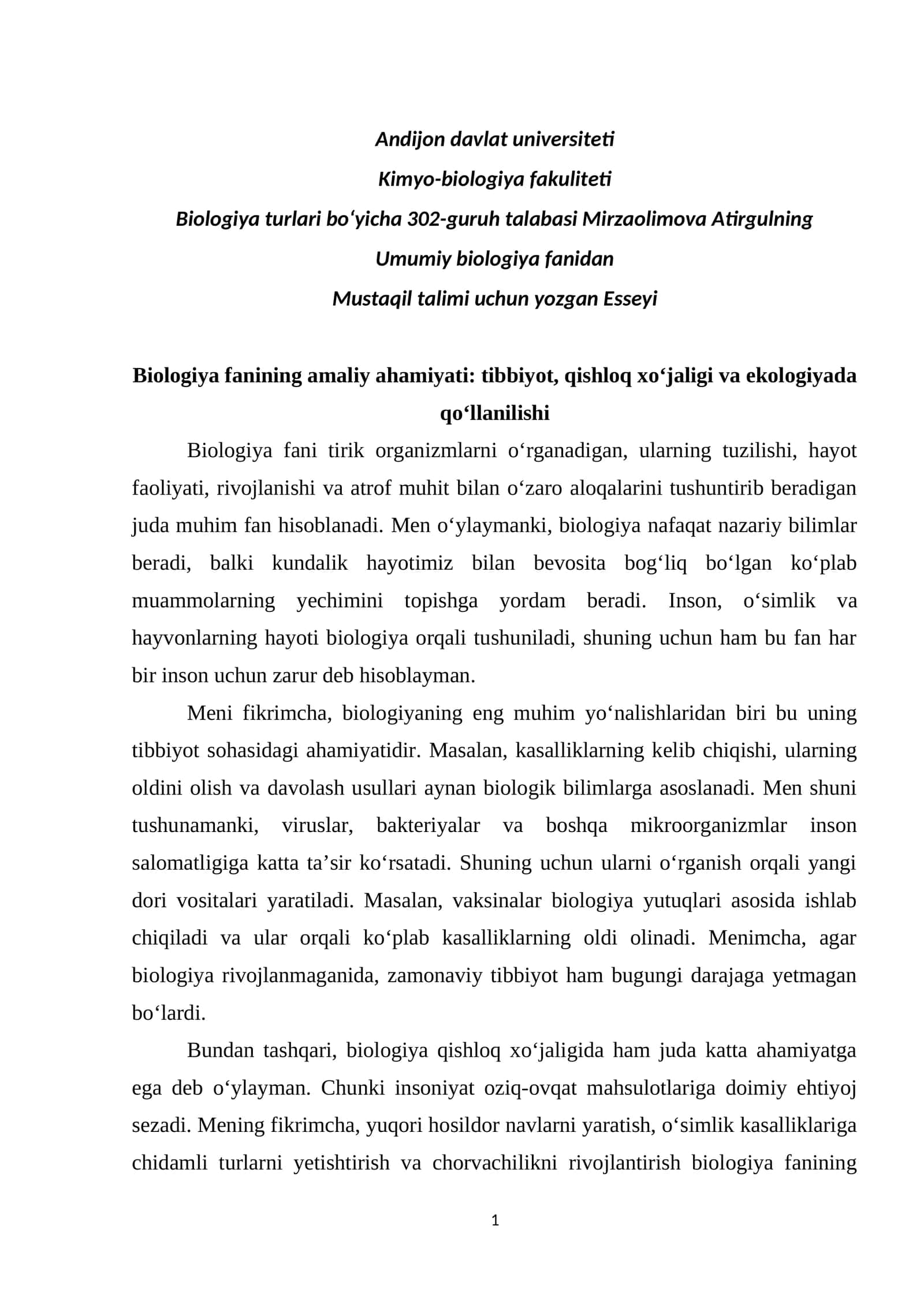 Biologiya fanining amaliy ahamiyati: tibbiyot, qishloq xo‘jaligi va ekologiyada qo‘llanilishi 1