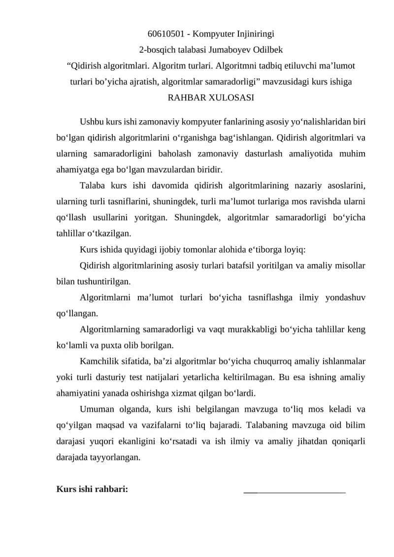 Qidirish algoritmlari. Algoritm turlari. Algoritmni tadbiq etiluvchi ma’lumot turlari bo’yicha ajratish, algoritmlar samaradorligi 1