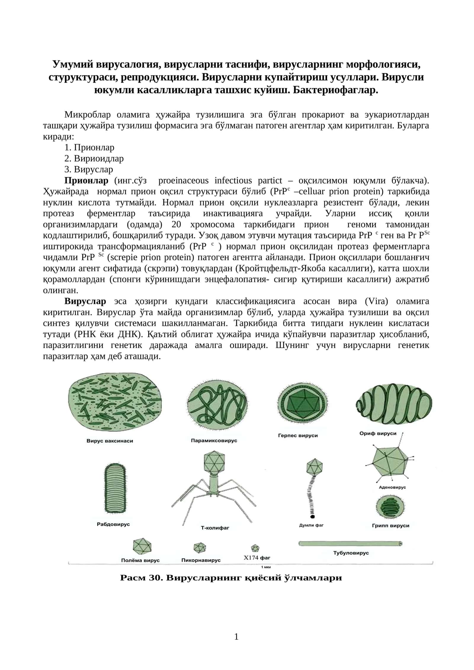 Умумий вирусалогия, вирусларни таснифи, вирусларнинг морфологияси, стуруктураси, репродукцияси. Вирусларни купайтириш усуллари. Вирусли юкумли касалликларга ташхис куйиш. Бактериофаглар 1