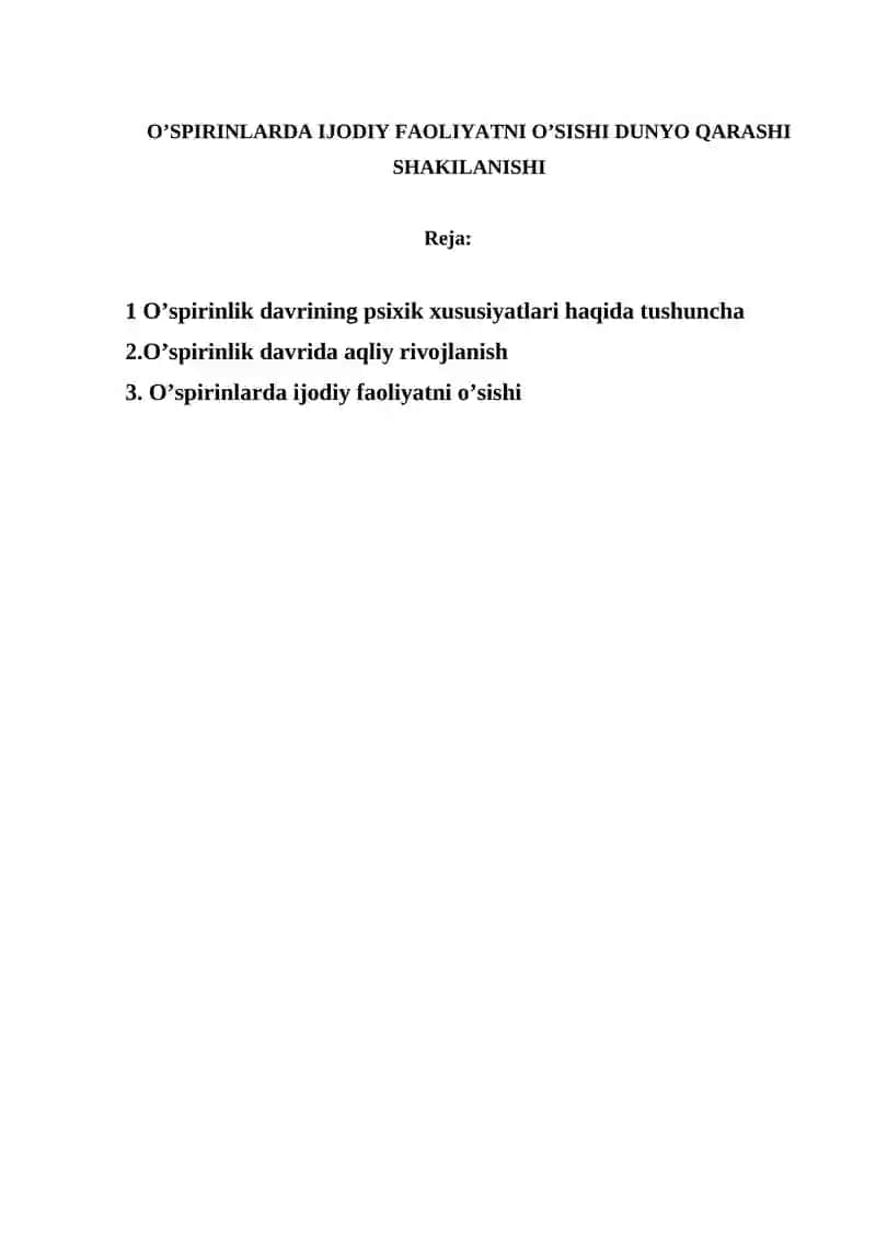 O’spirinlarda Ijodiy Faoliyatni O’sishi Dunyo Qarashi Shakilanishi