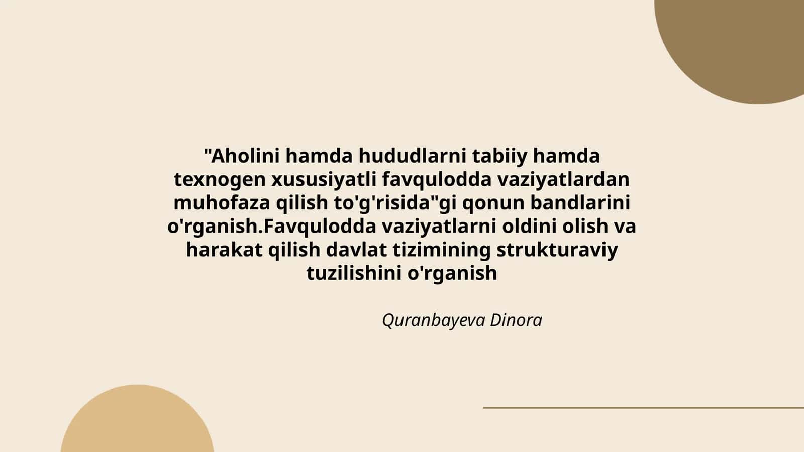 "Aholini hamda hududlarni tabiiy hamda texnogen xususiyatli favqulodda vaziyatlardan muhofaza qilish to'g'risida"gi qonun bandlarini o'rganish 1