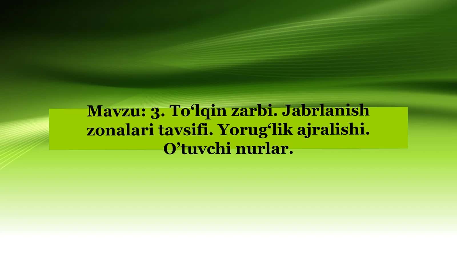Mavzu: To‘lqin zarbi. Jabrlanish zonalari tavsifi. Yorug‘lik ajralishi. O’tuvchi nurlar. 1