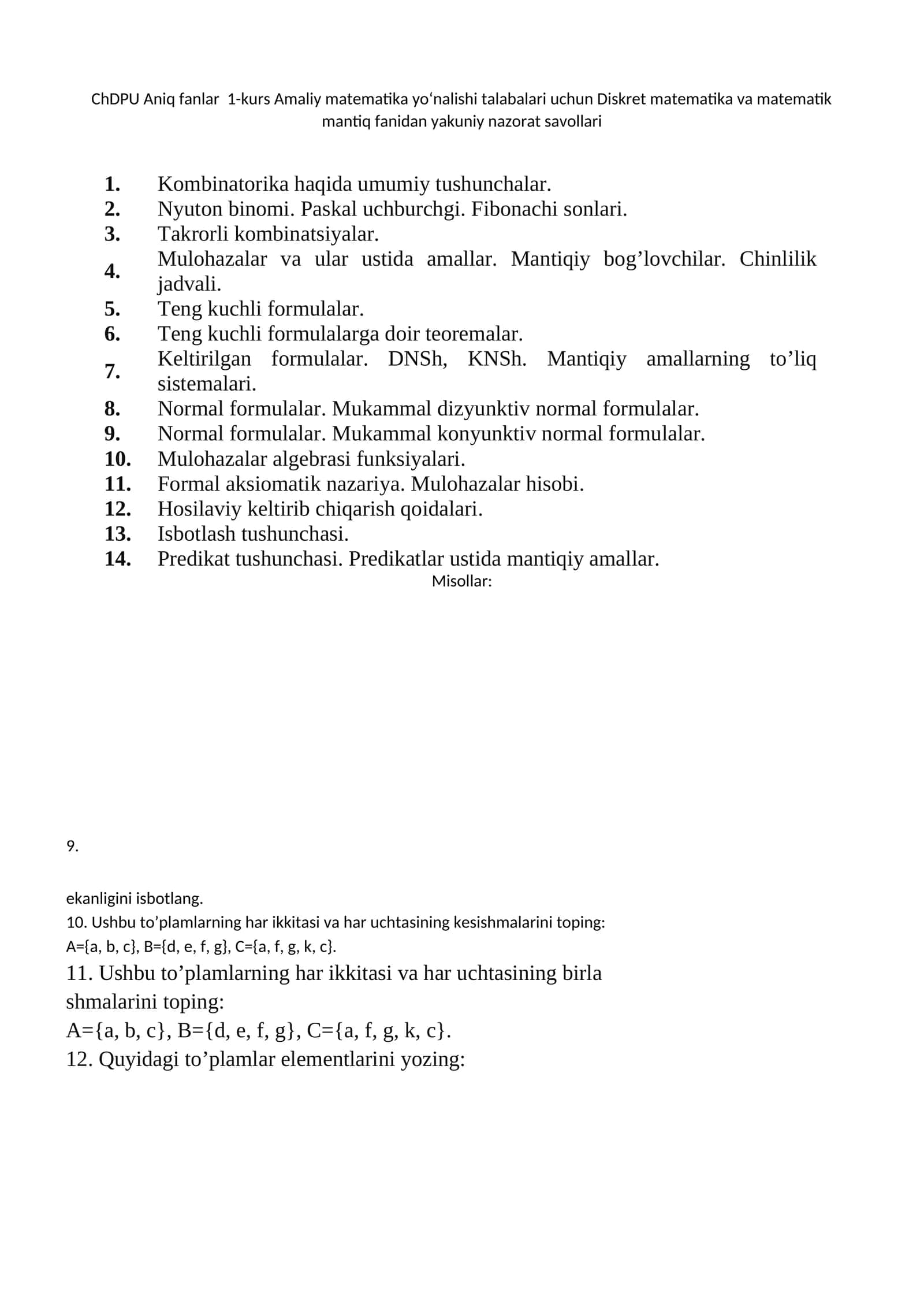 Diskret matematika va matematik mantiq fanidan yakuniy nazorat savollari 1