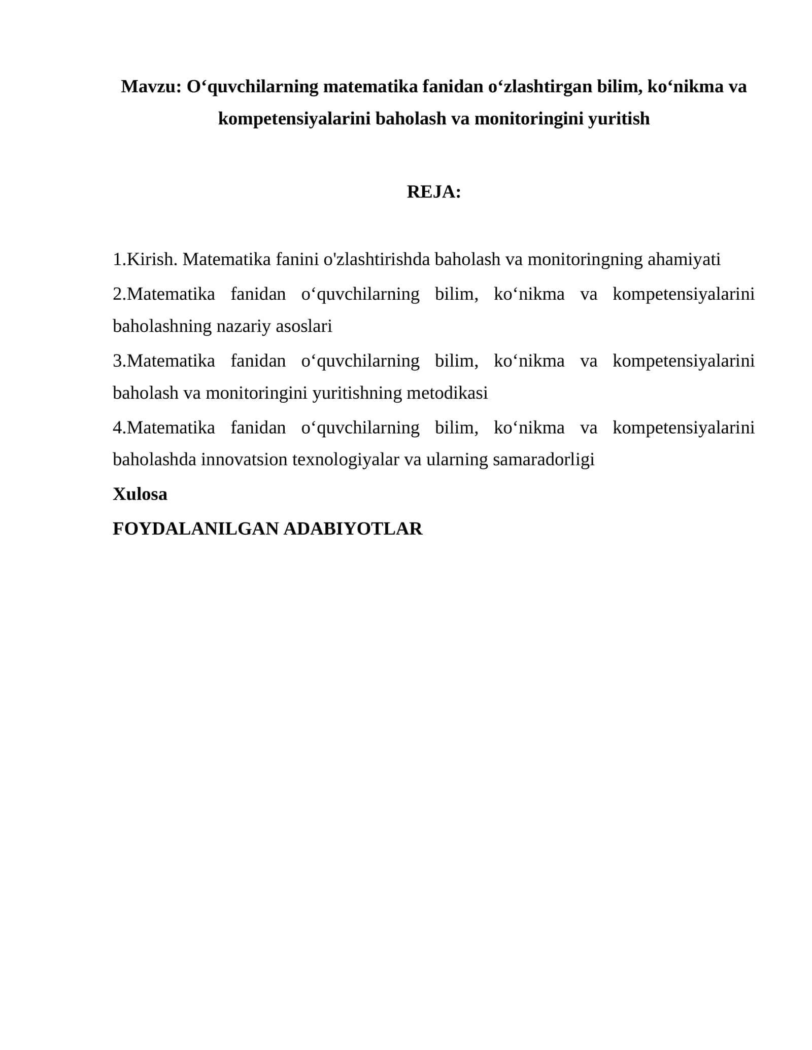 Oʻquvchilarning matematika fanidan oʻzlashtirgan bilim, koʻnikma va kompetensiyalarini baholash va monitoringini yuritish 1