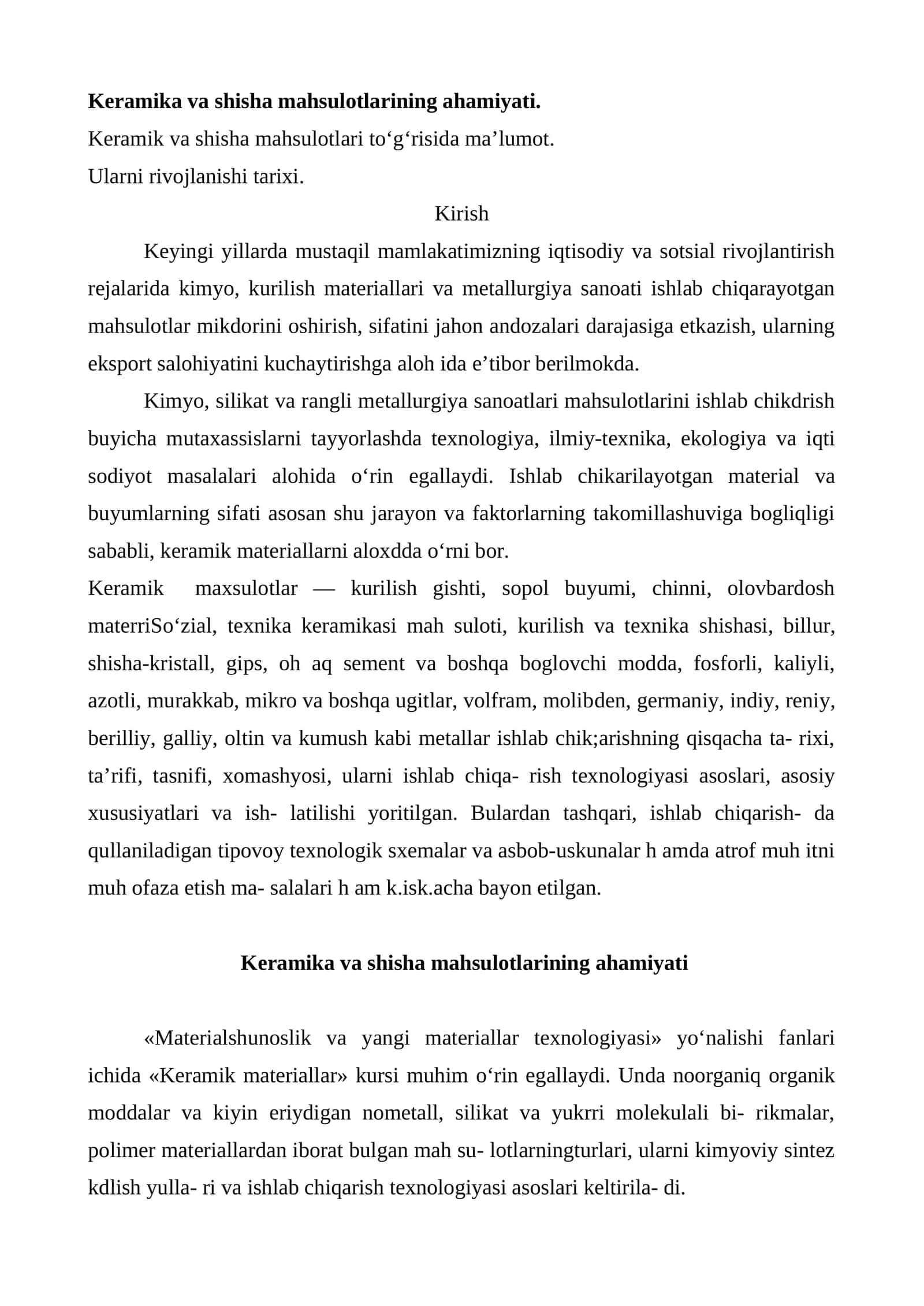 Keramika va shisha mahsulotlarining ahamiyati 1