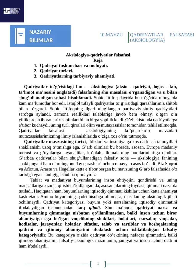 Qadriyatlar falsafasi (Aksiologiya) 1