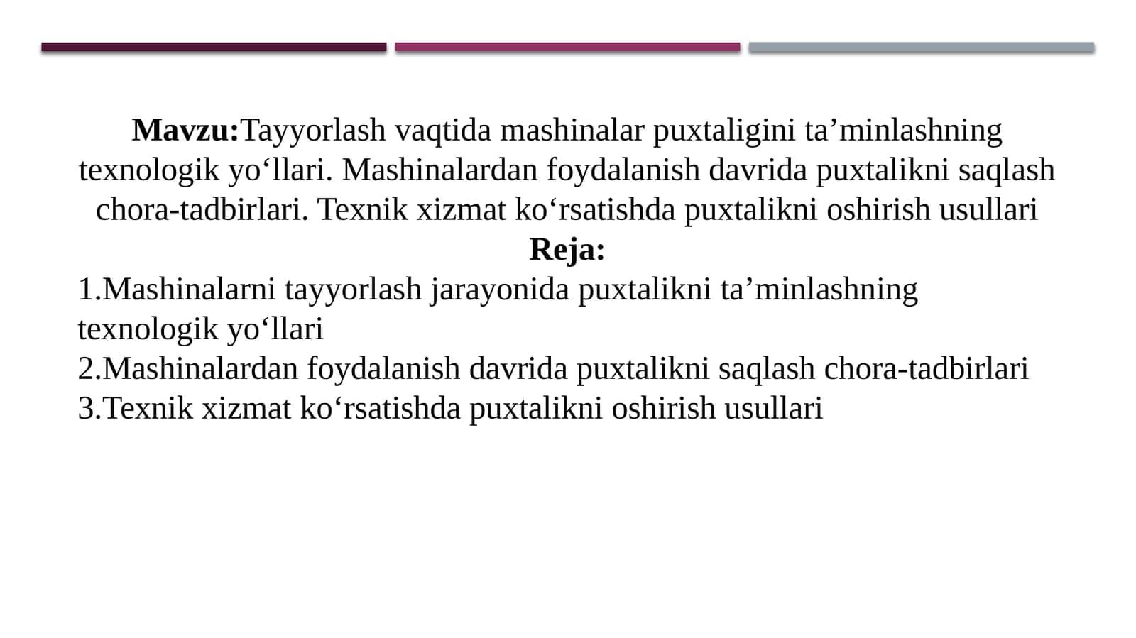 Tayyorlash vaqtida mashinalar puxtaligini ta'minlashning texnologik yo'llari. Mashinalardan foydalanish davrida puxtalikni saqlash chora-tadbirlari. Texnik xizmat ko'rsatishda puxtalikni oshirish usullari 1