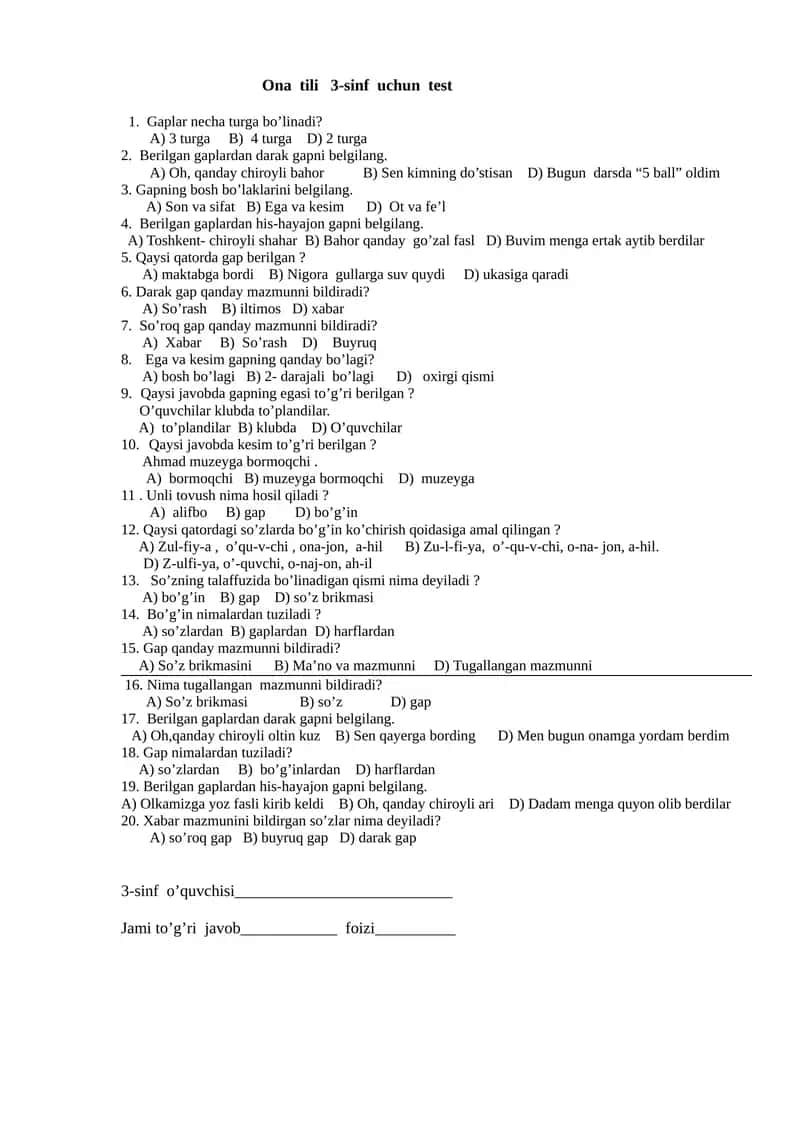 Ona tili 3-sinf uchun test 1