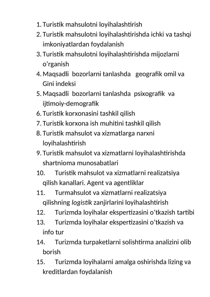 Turistik mahsulotni loyihalashtirish 1