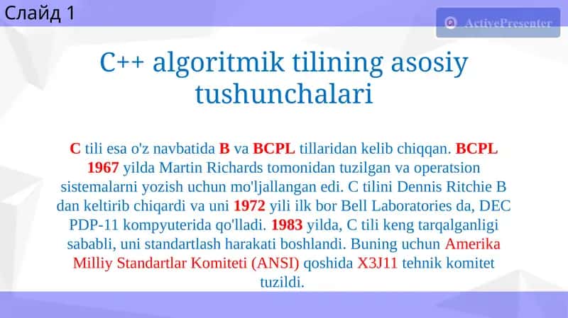 C++ algoritmik tilining asosiy tushunchalari 1