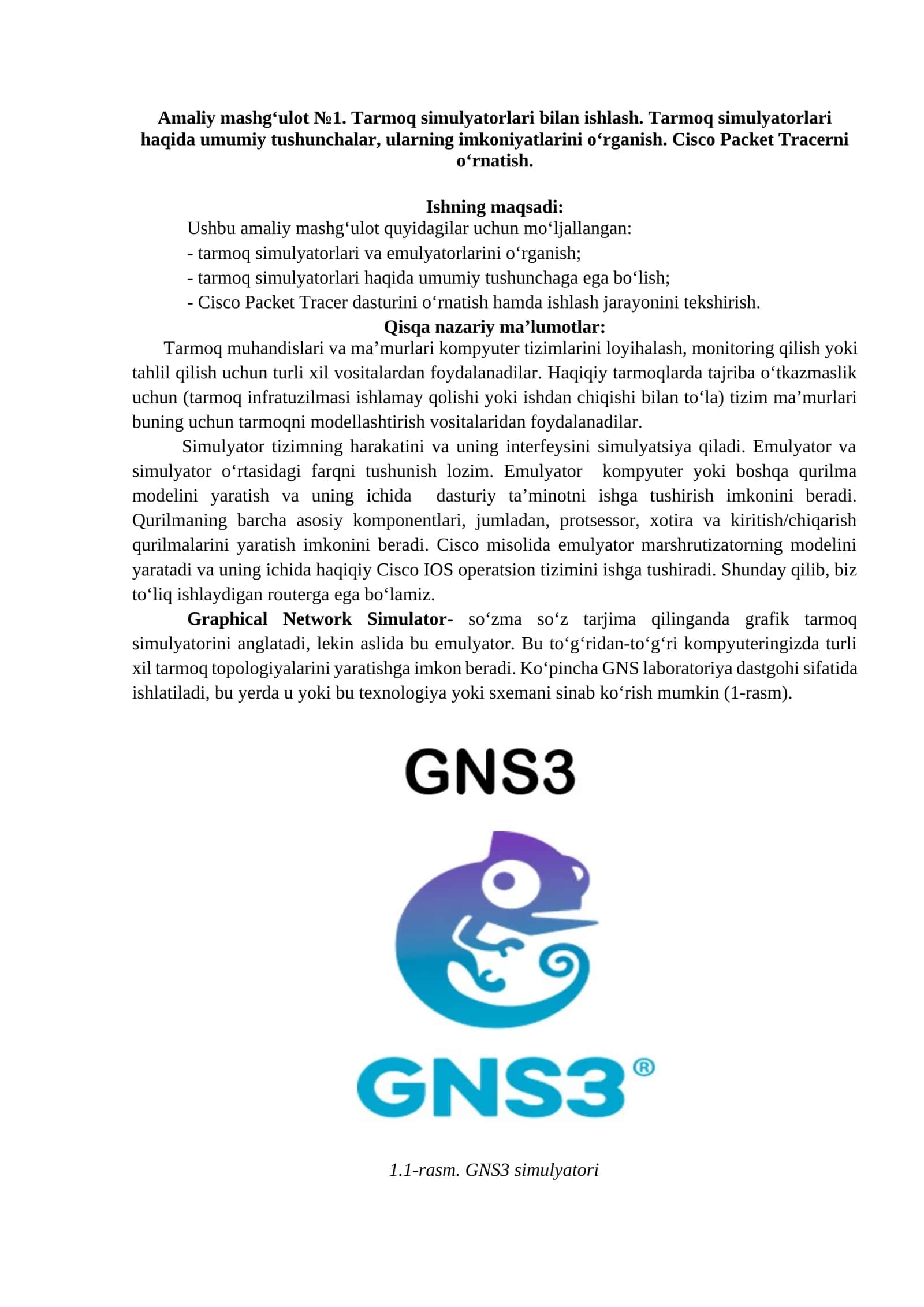 Amaliy mashg‘ulot №1. Tarmoq simulyatorlari bilan ishlash 1