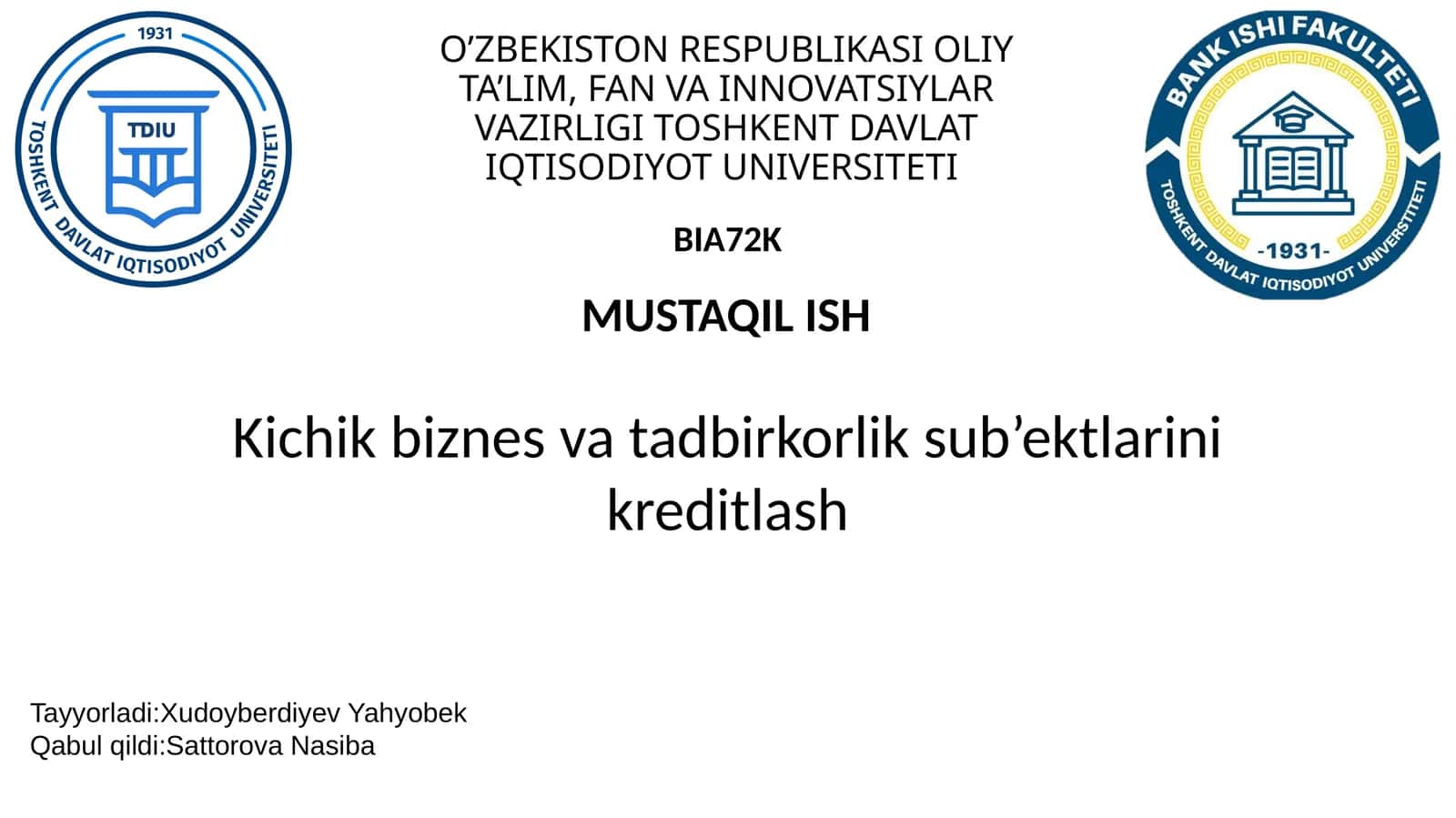 Kichik biznes va tadbirkorlik sub’ektlarini kreditlash 1