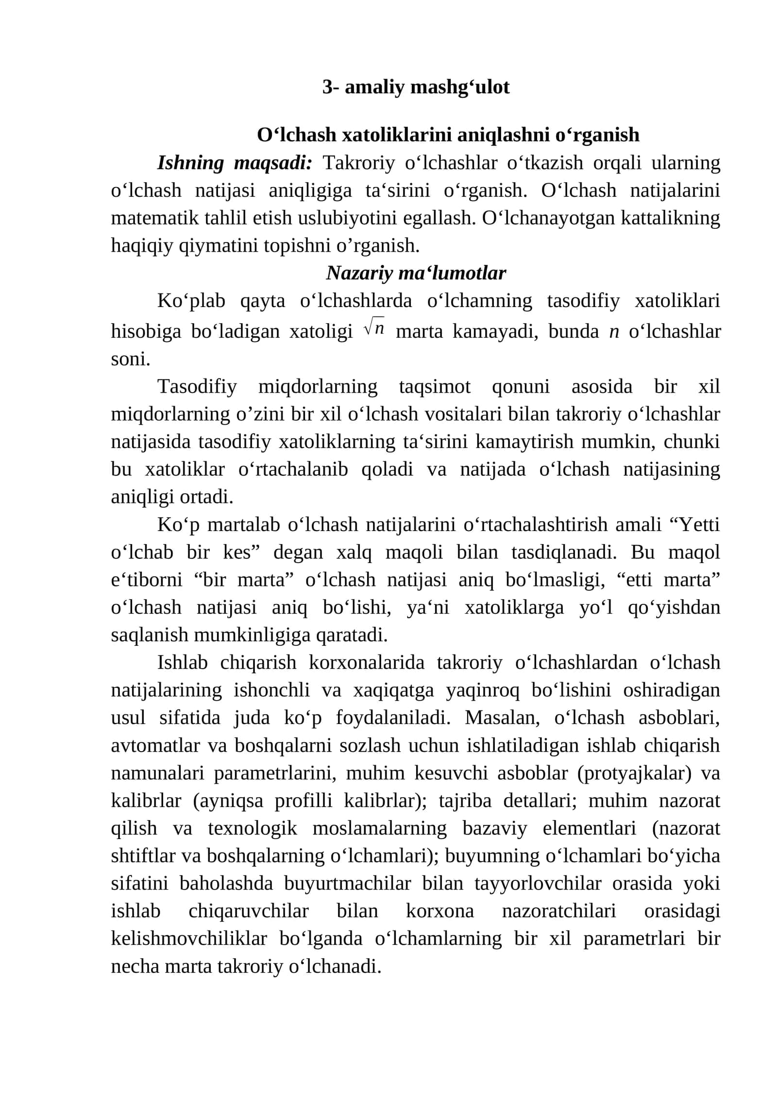 Oʻlchash xatoliklarini aniqlashni oʻrganish 1