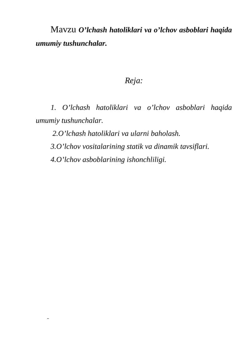O’lchash hatoliklari va o’lchov asboblari haqida umumiy tushunchalar 1
