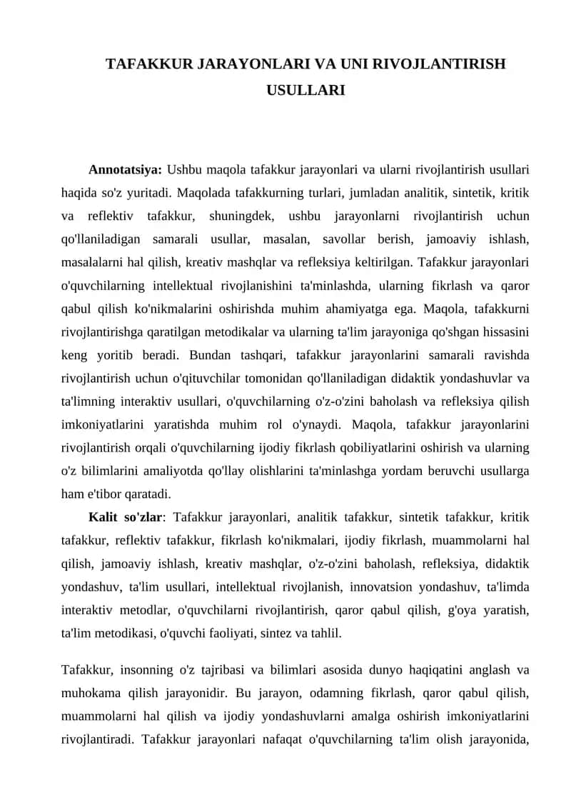 TAFAKKUR JARAYONLARI VA UNI RIVOJLANTIRISH USULLARI 1