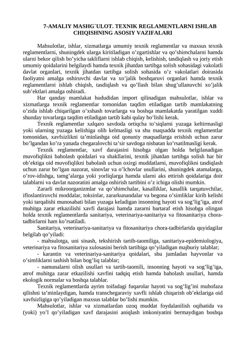 7-AMALIY MASHG`ULOT. TEXNIK REGLAMENTLARNI ISHLAB CHIQISHNING ASOSIY VAZIFALARI 1
