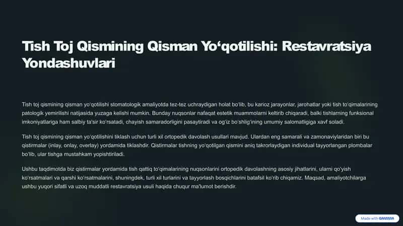 Tish Toj Qismining Qisman Yo‘qotilishi: Restavratsiya Yondashuvlari 1