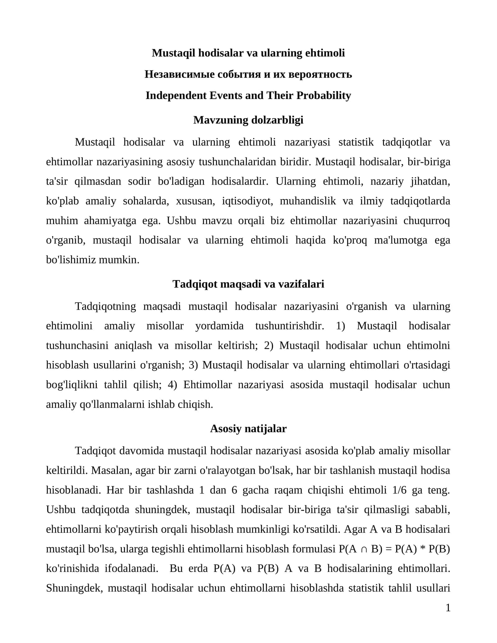 Mustaqil hodisalar va ularning ehtimoli 1