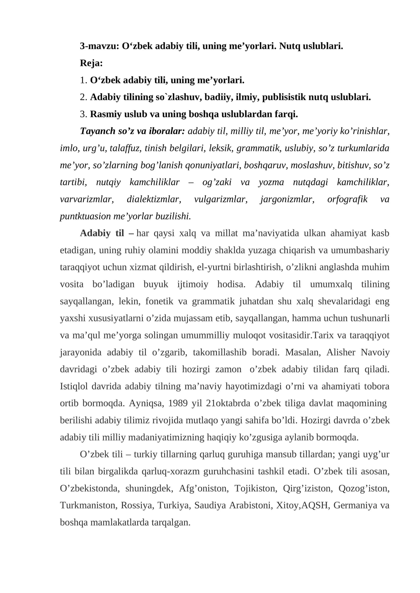 O‘zbek adabiy tili, uning me’yorlari. Nutq uslublari 1