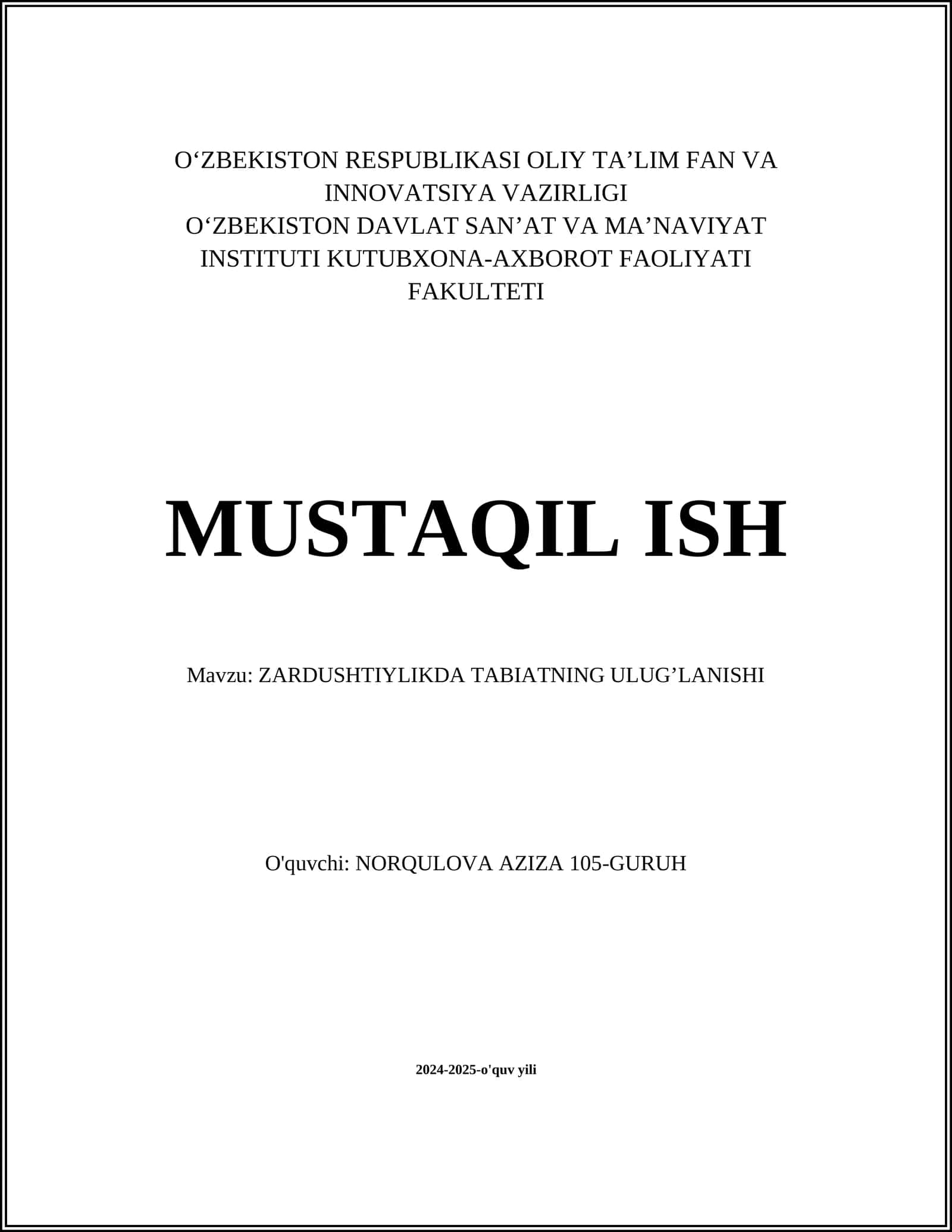 ZARDUSHTIYLIKDA TABIATNING ULUGʼLANISHI 1