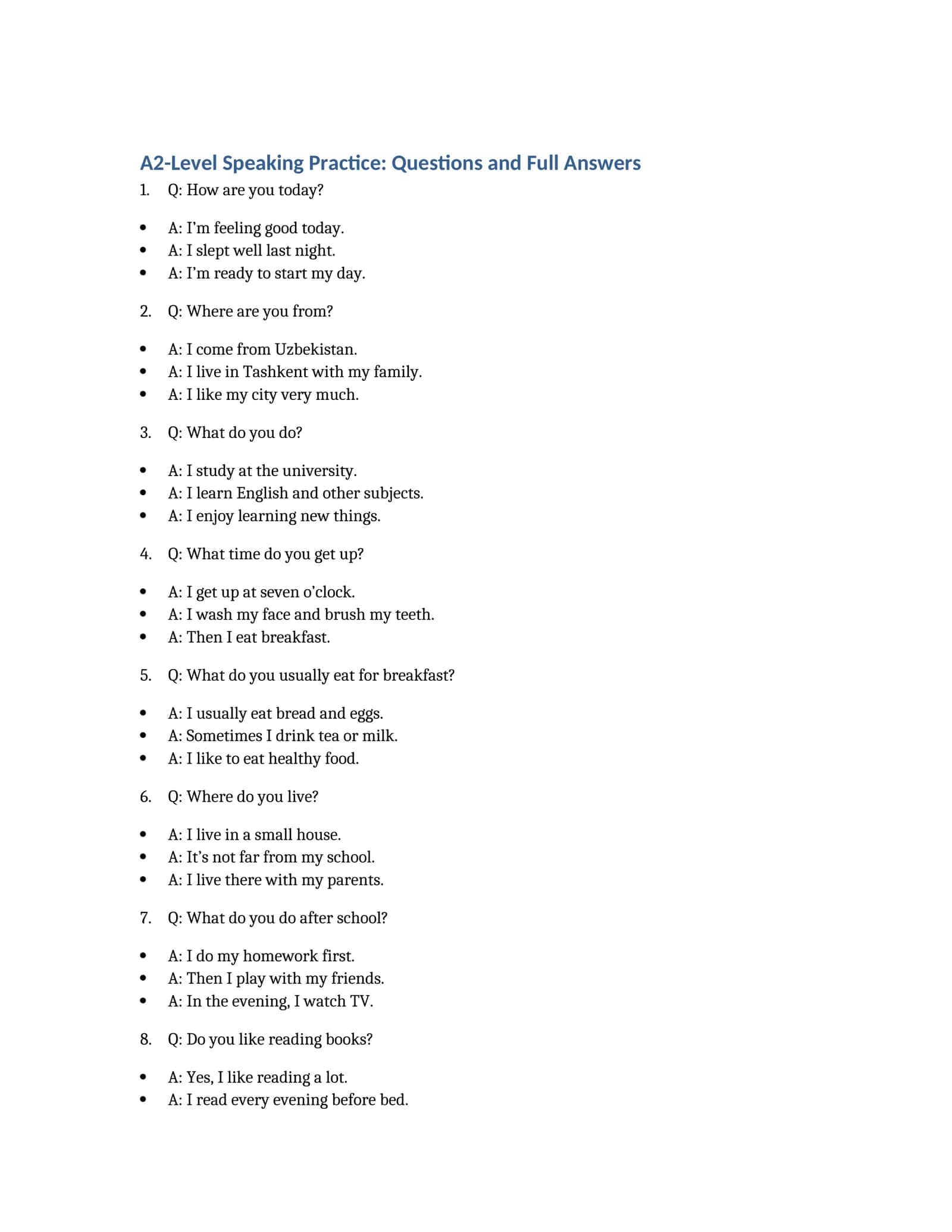 A2-Level Speaking Practice: Questions and Full Answers 1