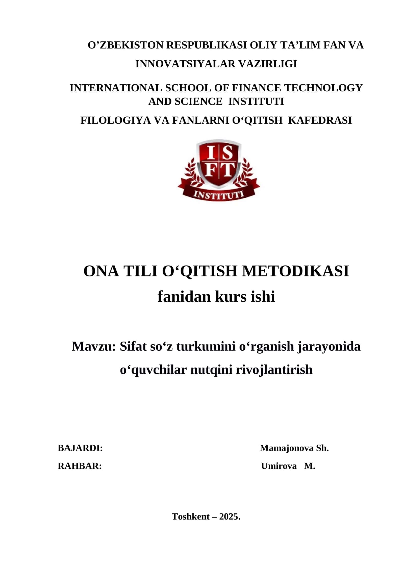 Sifat soʻz turkumini oʻrganish jarayonida oʻquvchilar nutqini rivojlantirish. KURS ISHI 1