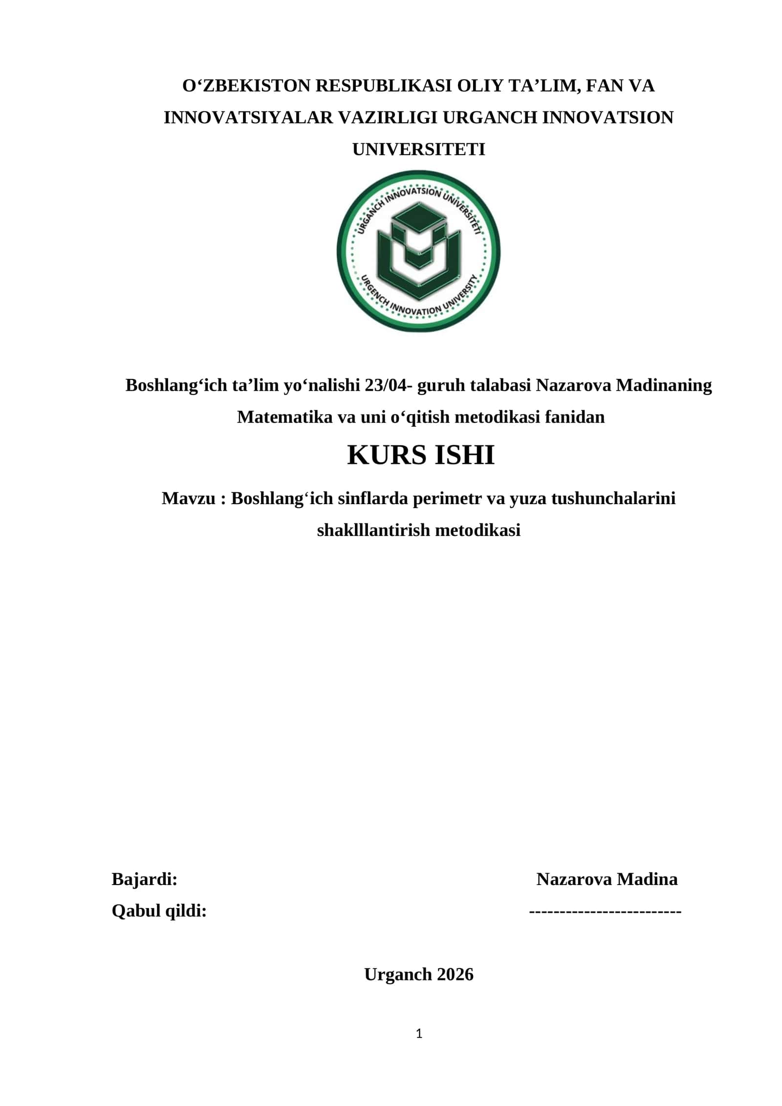 Boshlang‘ich sinflarda perimetr va yuza tushunchalarini shaklllantirish metodikasi 1