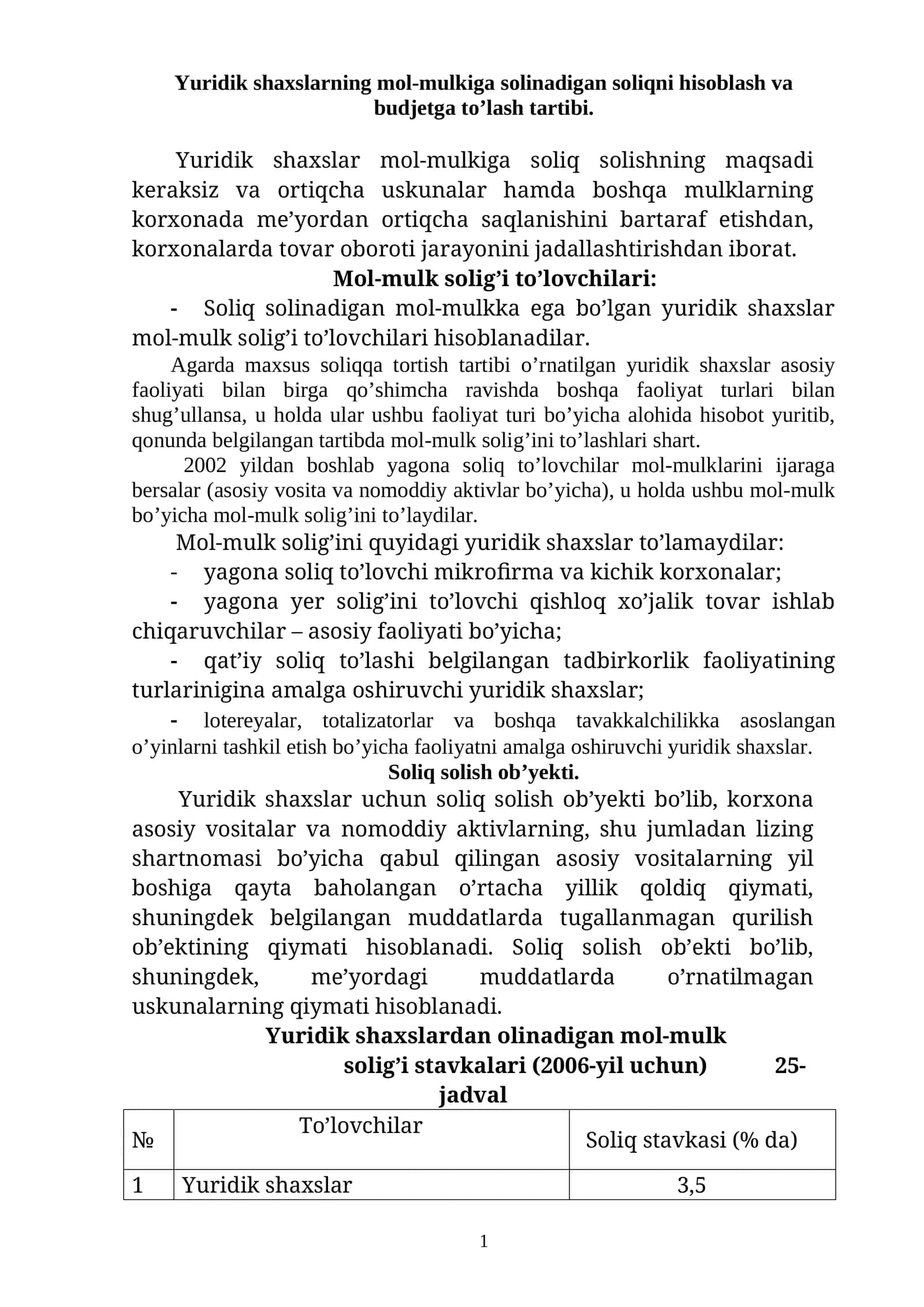 Yuridik shaxslarning mol-mulkiga solinadigan soliqni hisoblash va budjetga to’lash tartibi 1