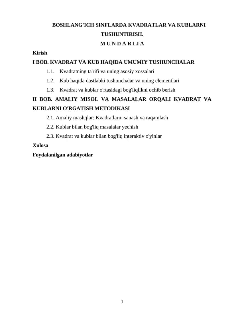 Boshlang'ich sinflarda kvadratlar va kublarni tushuntirish 1