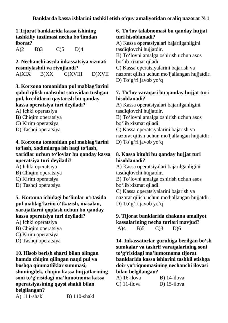Banklarda kassa ishlari fanidan oraliq nazorat 1 1